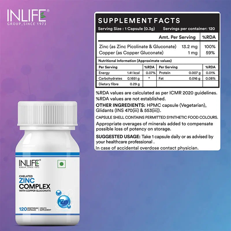 Inlife Zinc Supplements, Chelated Zinc Complex | Men & Women | 120 Veg. Capsules (met Koper Gluconate)